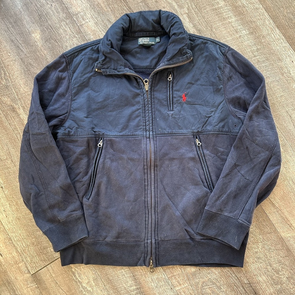 Polo Ralph Lauren Jacket Mens XL Navy Hooded Full Zip Hybrid Fleece Hoodie